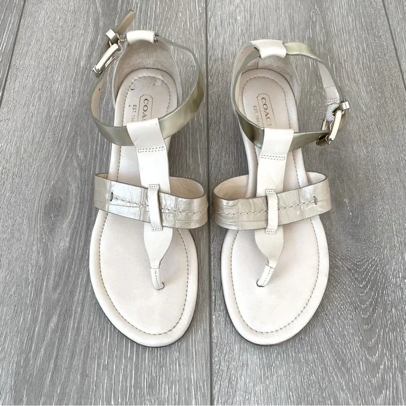 Coach Velvet Vachetta Low Wedge T-Strap Sandals in Gold & Cream Summer Resort - Picture 1 of 8